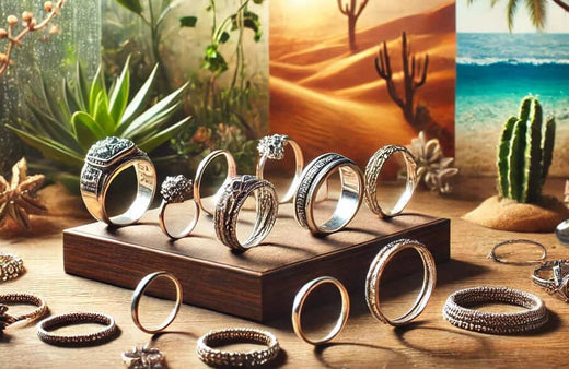 Joyas de plata expuestas con imágenes de fondo de diferentes climas