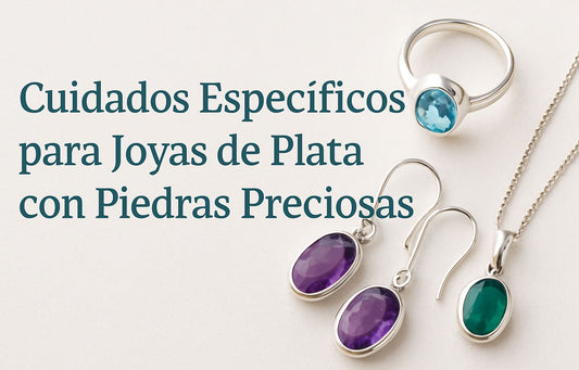 Joyas de plata con piedras preciosas junto con el título de cuidados específicos para ellas.