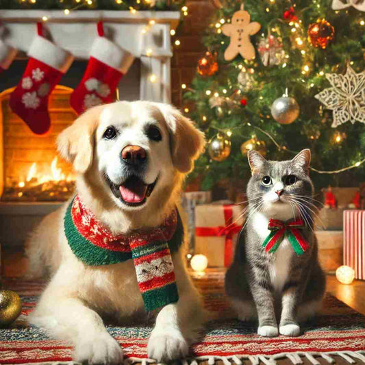 Perro y gato posando con atuendos navideños delante de una chimenea y un árbol de navidad adornados con motivos de navidad