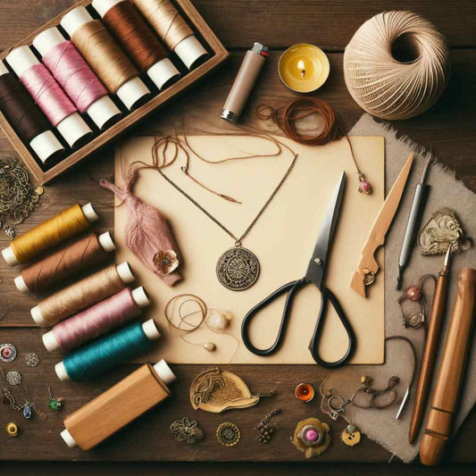 Materiales necesarios para hacer collares de hilo: mechero, tijeras, colgantes..