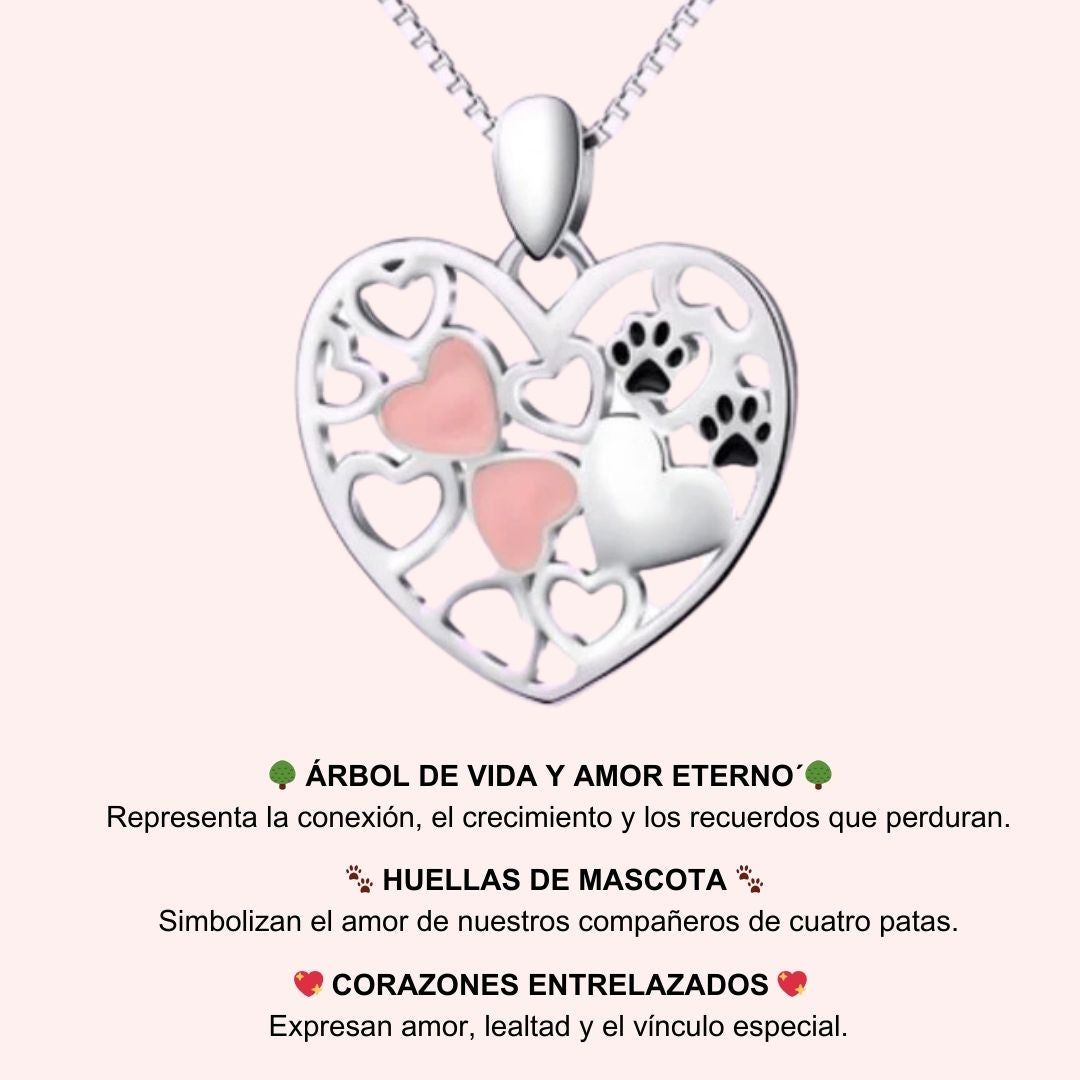 InfografÃa con el significado del collar con forma de corazón relleno de huellas y corazones formando un árbol de vida, representa la conexión, crecimiento, amor, vÃnculo, lealtad con tu mascota