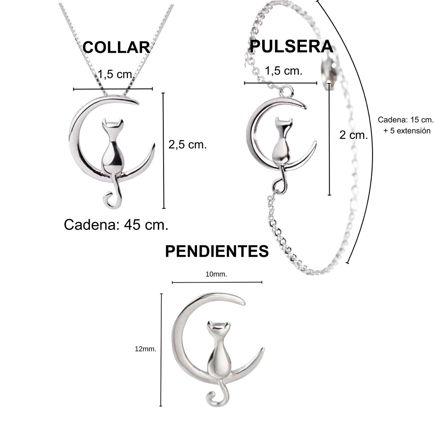 Infografía con las medidas del conjunto, el colgante mide 2 x 1 cm. la cadena del collar 5, y de la pulsera 15 + 5 de extensión.
Los pendientes miden 1 de ancho y 1,2 de alto.