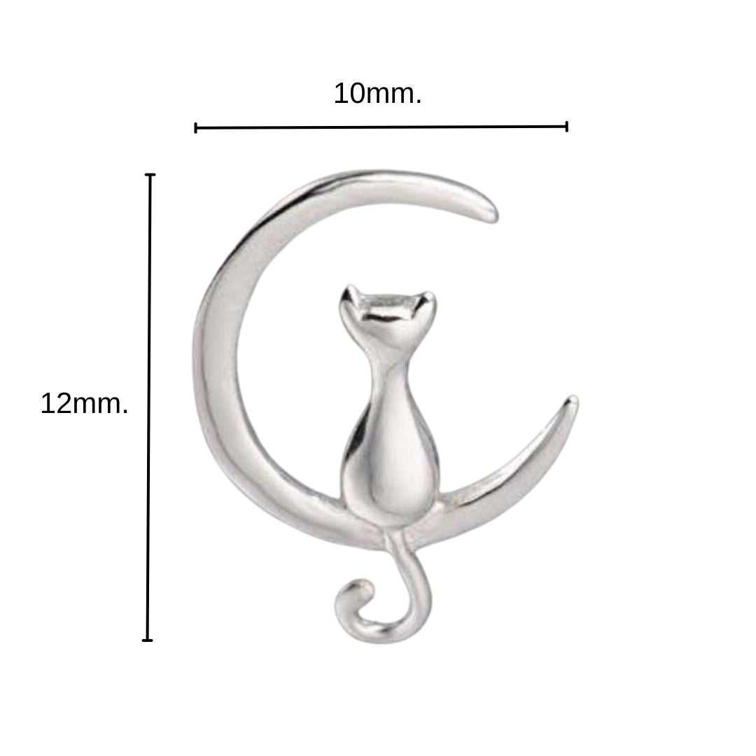 InfografÃa con medidas (12x10mm) de pendiente de plata con un gato sentado en una luna de Pandora