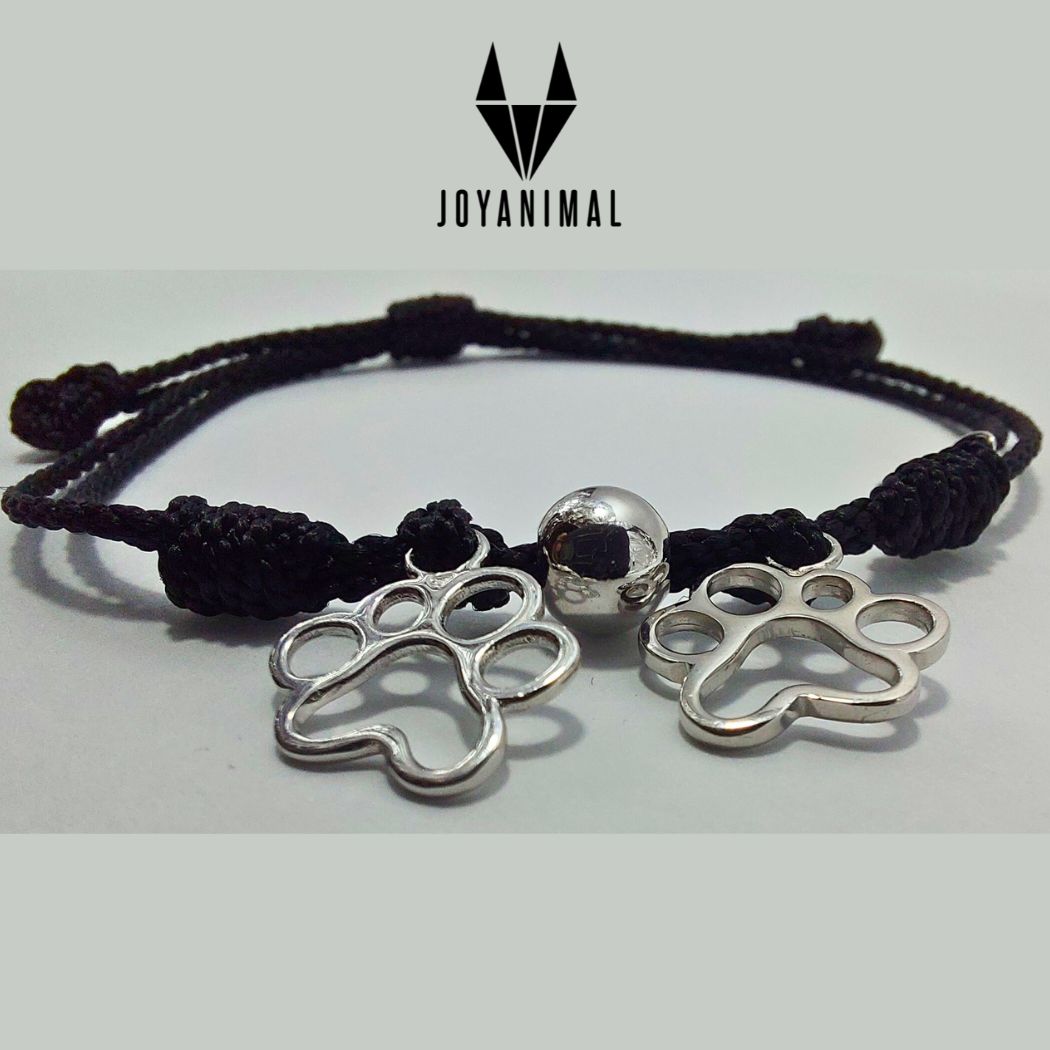 Pulsera de hilo ajustable, con dos huellas de perro o gato en plata, para niñas o mujeres TOUS