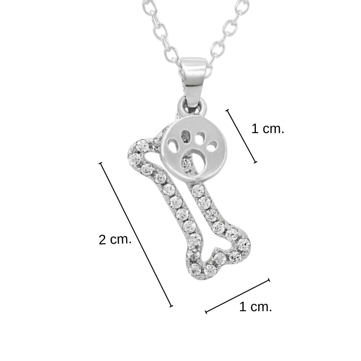 InfografÃa del collar de plata con un hueso con circonitas blancas y una huellita de 1cm, el colgante mide 2 x 1 cm