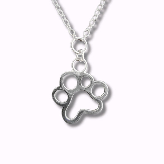 Collar de plata con cadena fina y un pequeño colgante con una huella de PANDORA