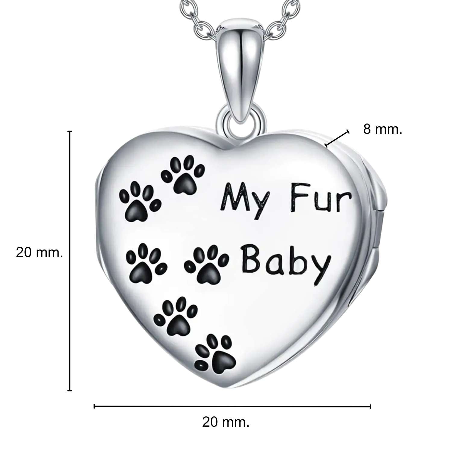 Infografía de Relicario de plata con forma de corazón para 4 fotos con huellas grabadas las medidas son 20 x 20mm x 8mm de fondo