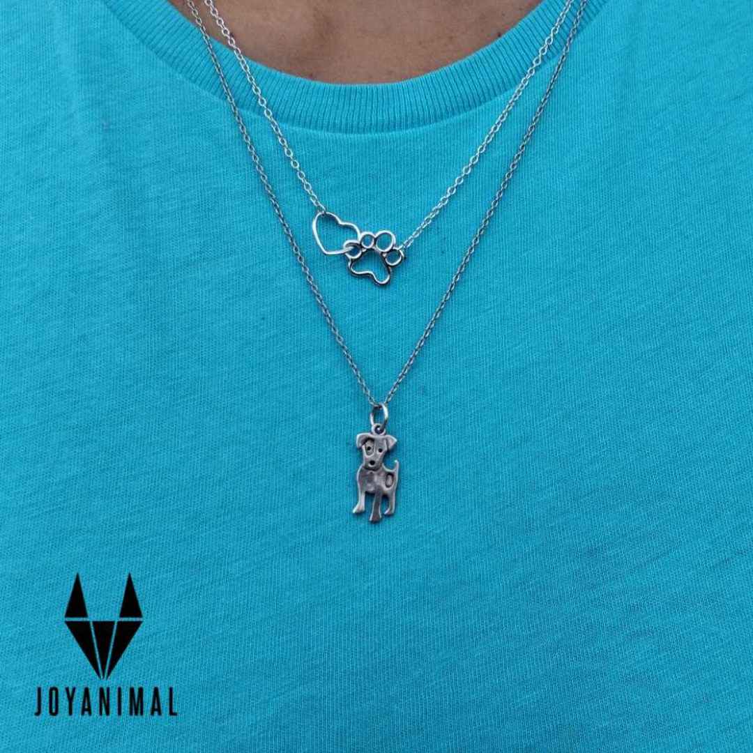 Collar y gargantilla en cuello de una niña con colgantes de perritos, huellitas y corazones.