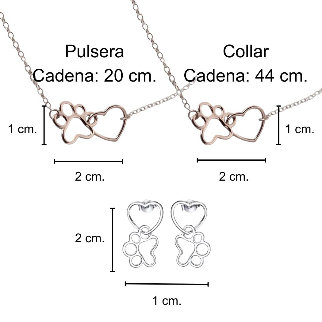 Infografía con medidas del pack de collar (2 x 1 cm. y cadena de 44) , pulsera 2 x 1 cm. y cadena de 20) y pendientes 2 x 1 cm.) con huella y corazón canino o felino.