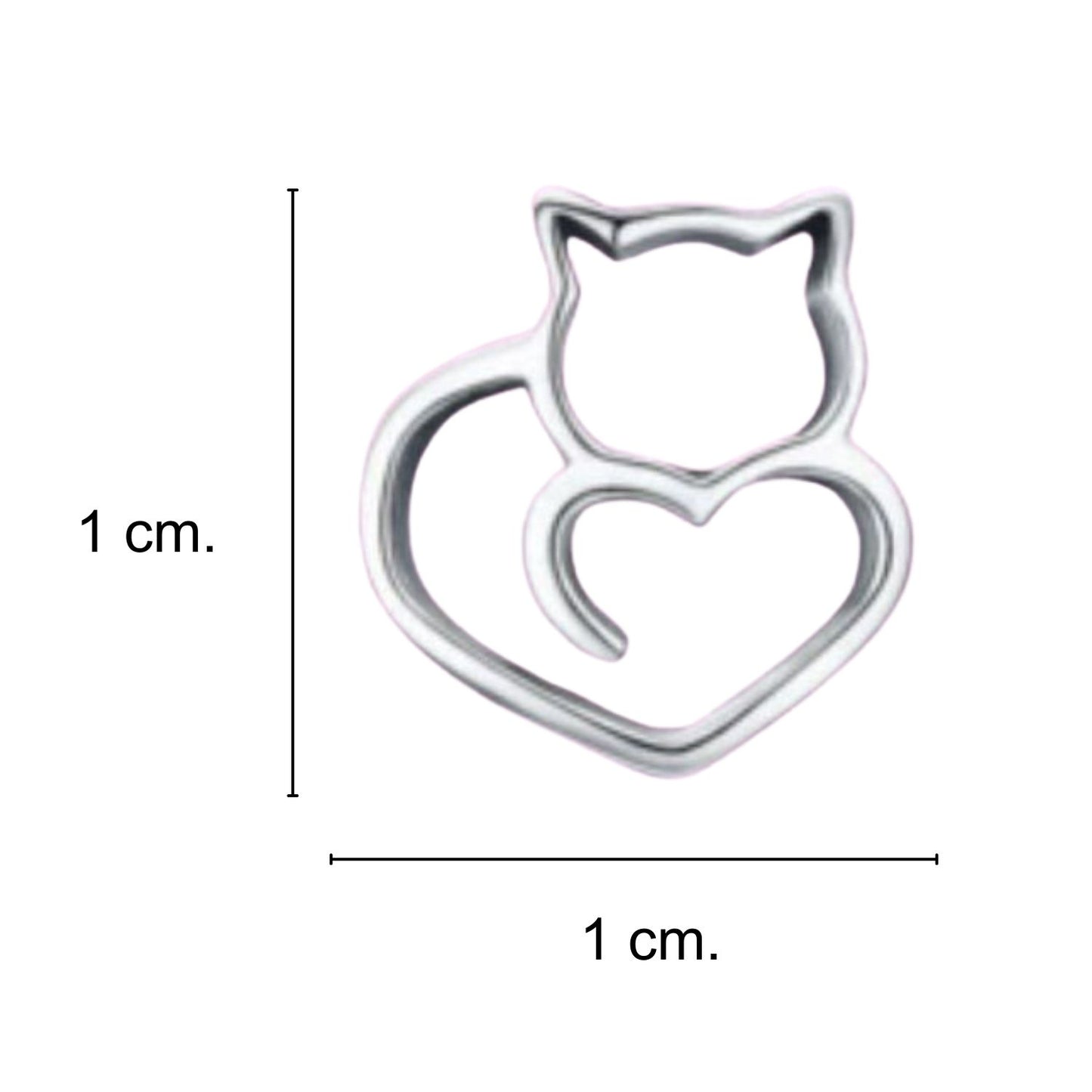 InfografÃa con las medidas del pendiente de gato con corazon, 1 x 1 cm.