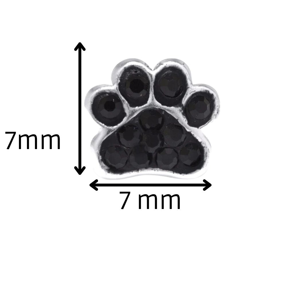 Infografía con el pendiente de la huella negra mostrando sus medidas: 7 x 7 mm. negra, PANDORA