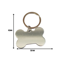 Chapa para grabar nombre de perro en forma de hueso con medidas de 4,5 x 3,8 cm.