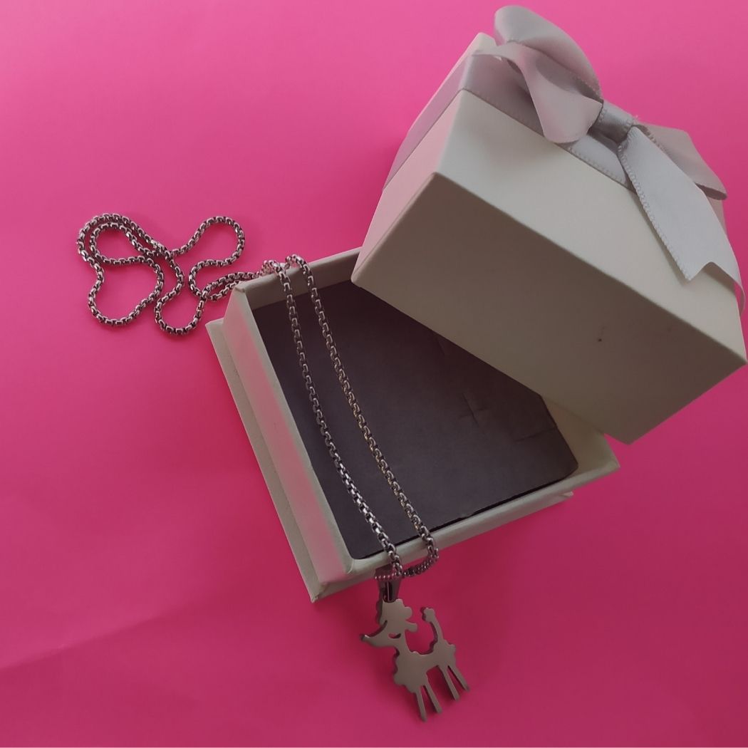 Collar, cadena y colgante de perrito caniche mini, sobre bonita caja de regalo y fondo rosa barbie.