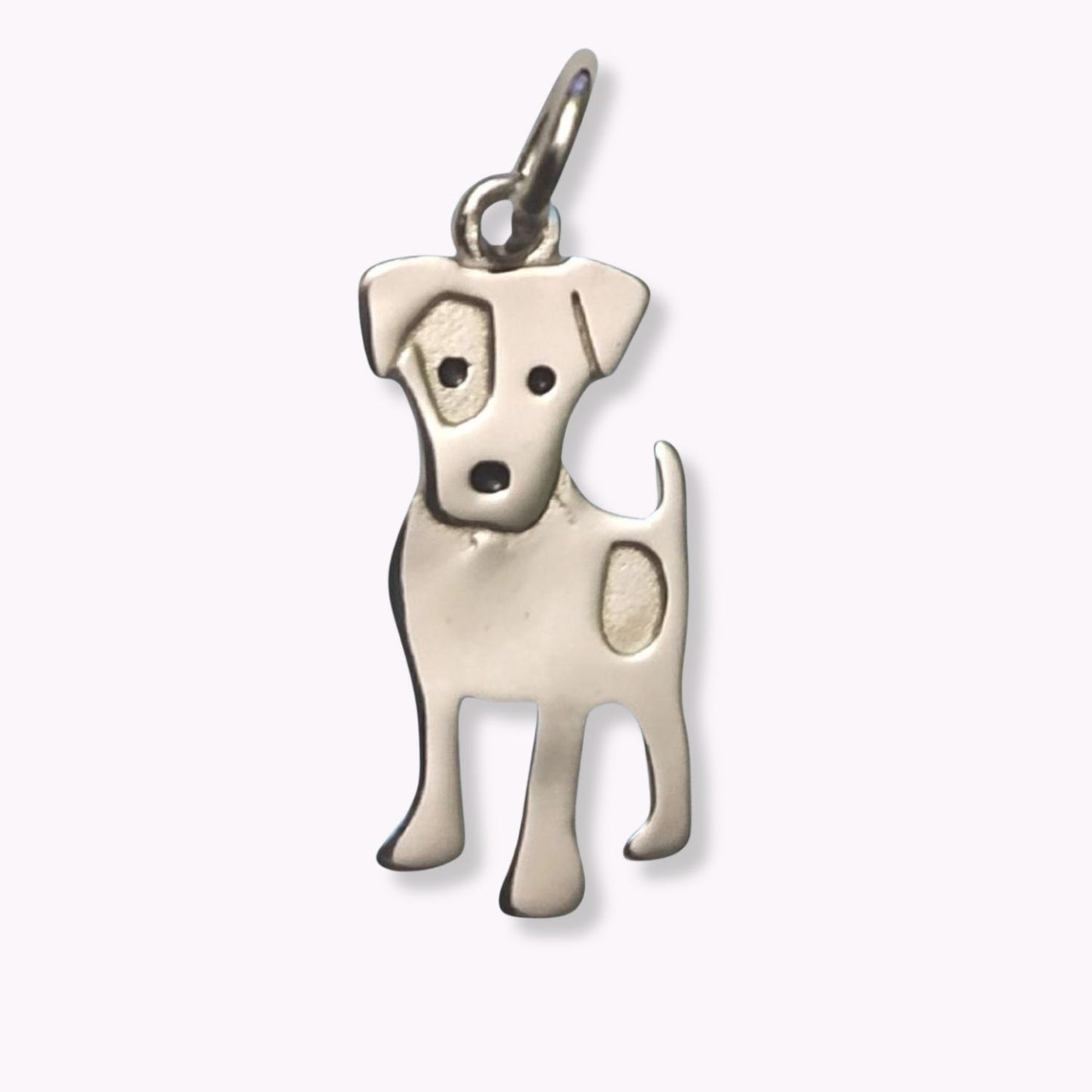 Colgante de perro ratonero de plata sobre fondo azul de tous