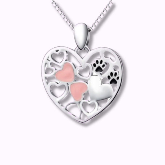 Collar de árbol de vida con forma de corazón con huellas de perros o gatos sobre fondo rosita de Pandora