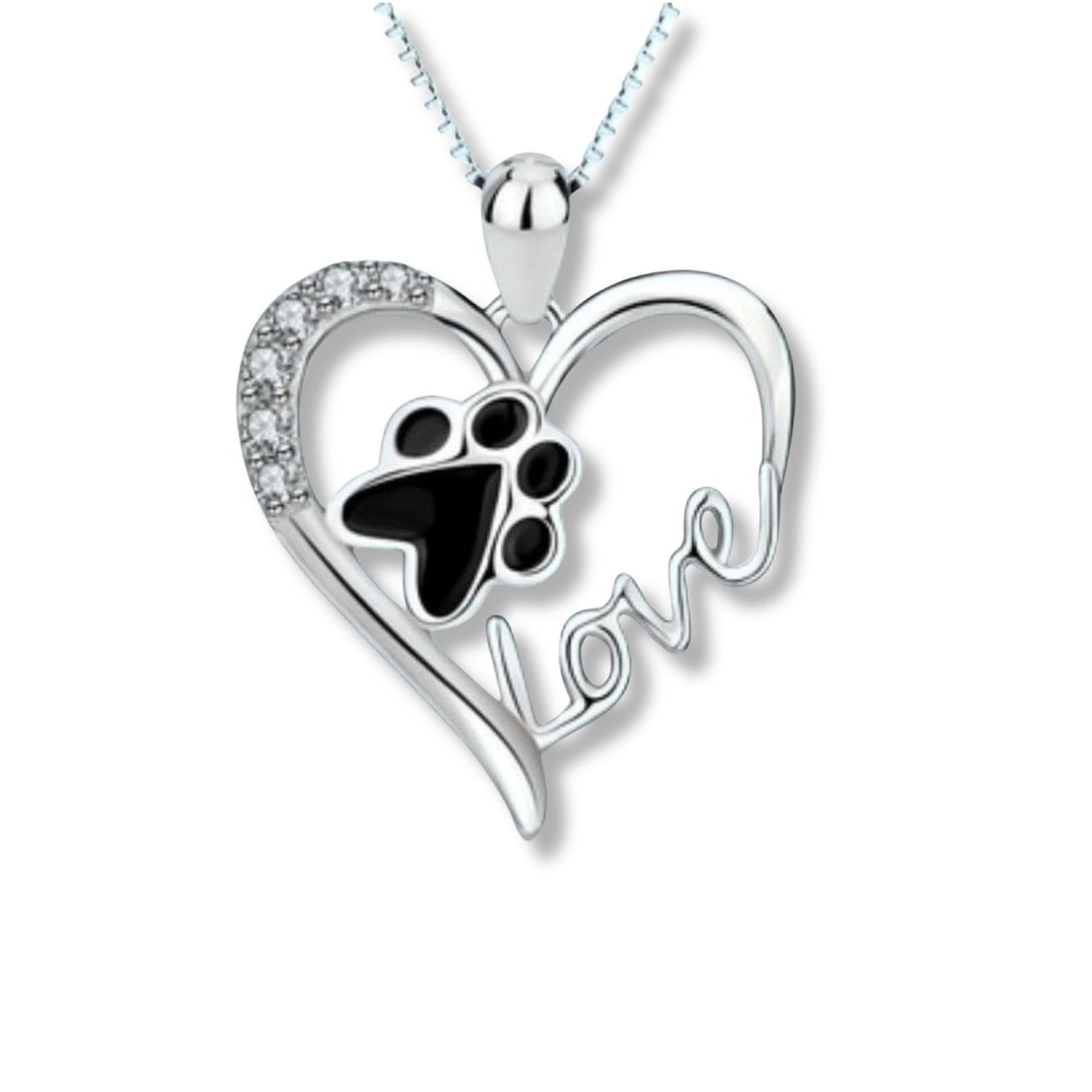 Collar de huella negra de perrito o gatito en el centro de un corazón que tiene la palabra love e incrustaciones de brillantes swaroski
