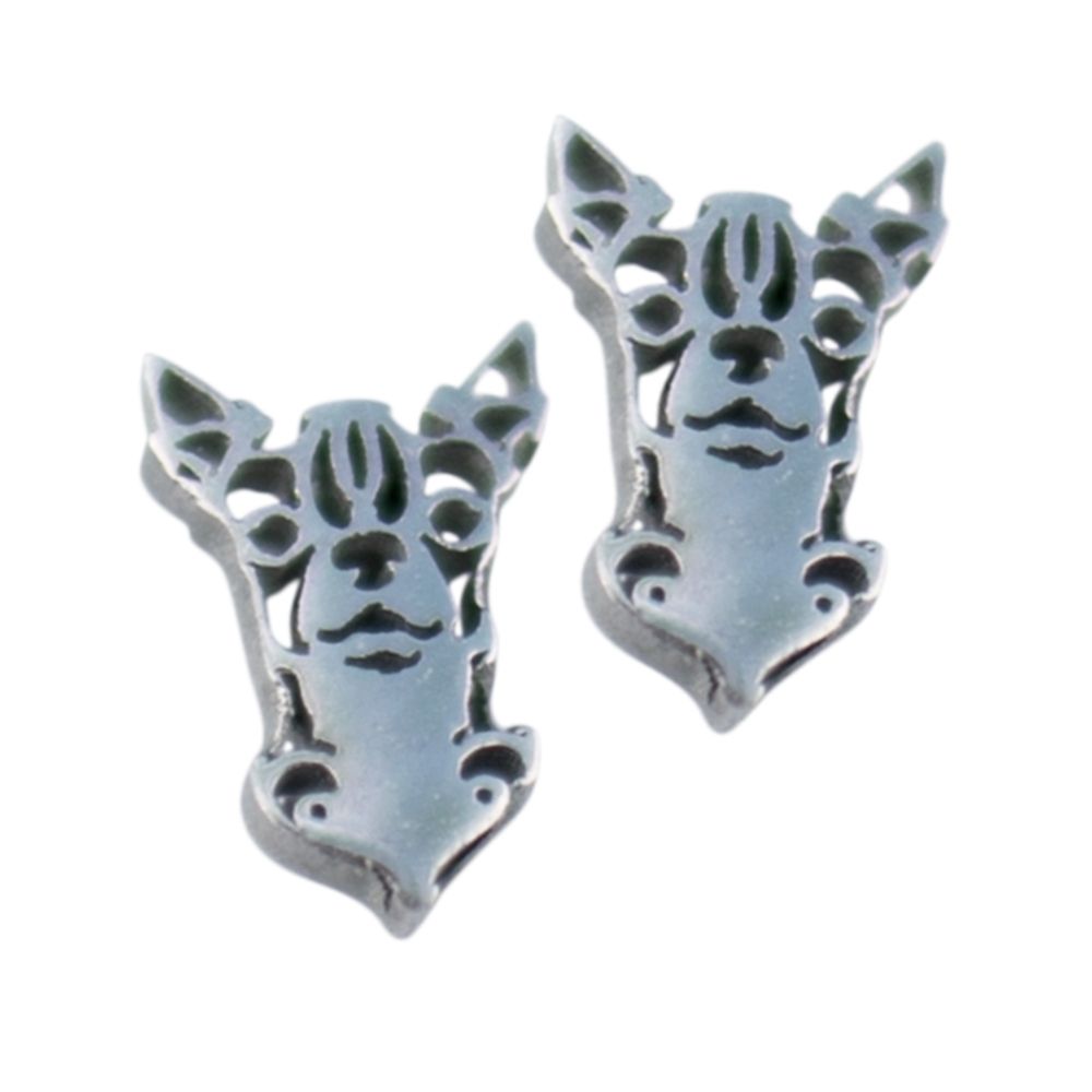 Pendientes pequeños y plateados con silueta de chihuahua - frenchie