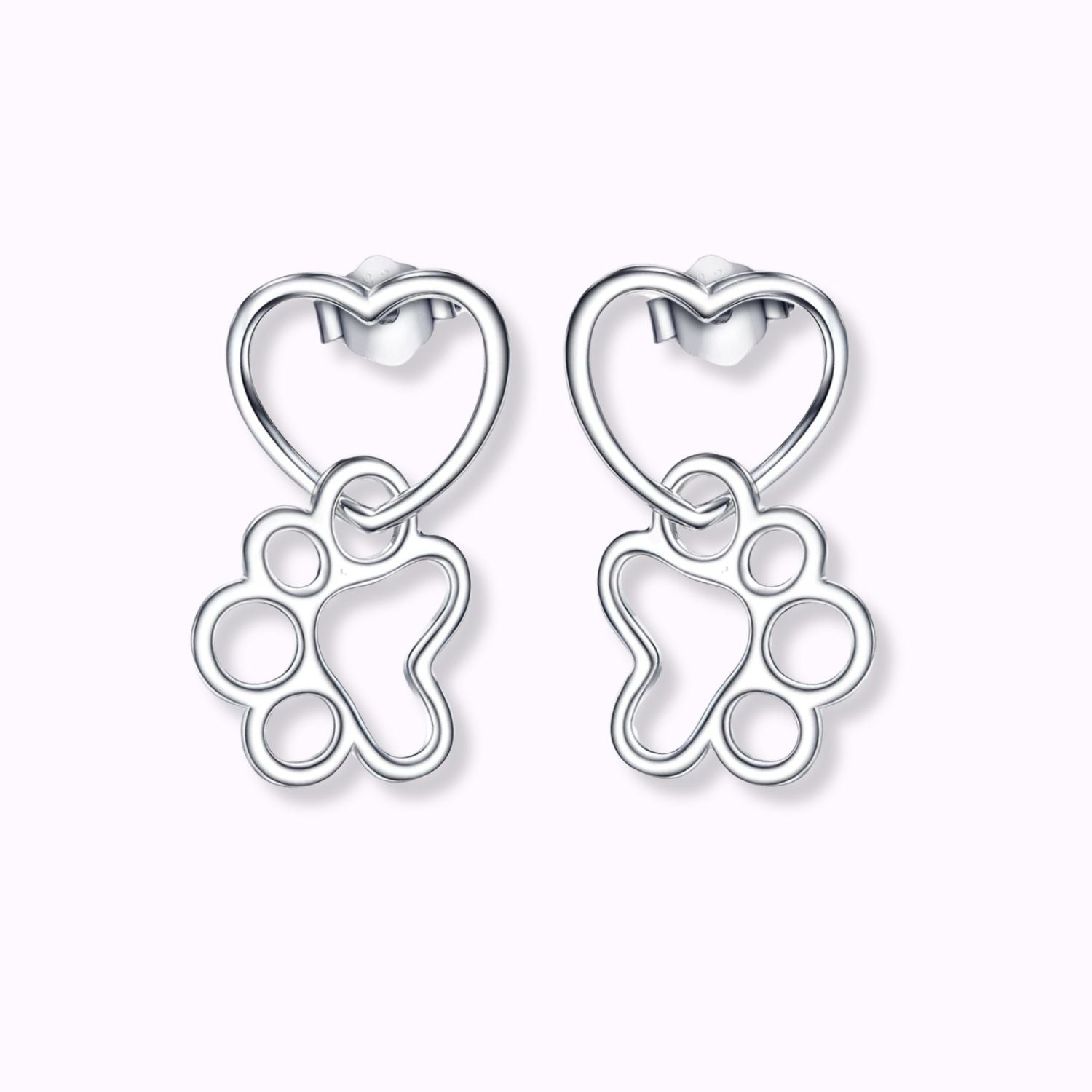 Pendientes colgante de huella y corazón de mascota entrelazados de plata de ley de pandora sobre fondo neutro