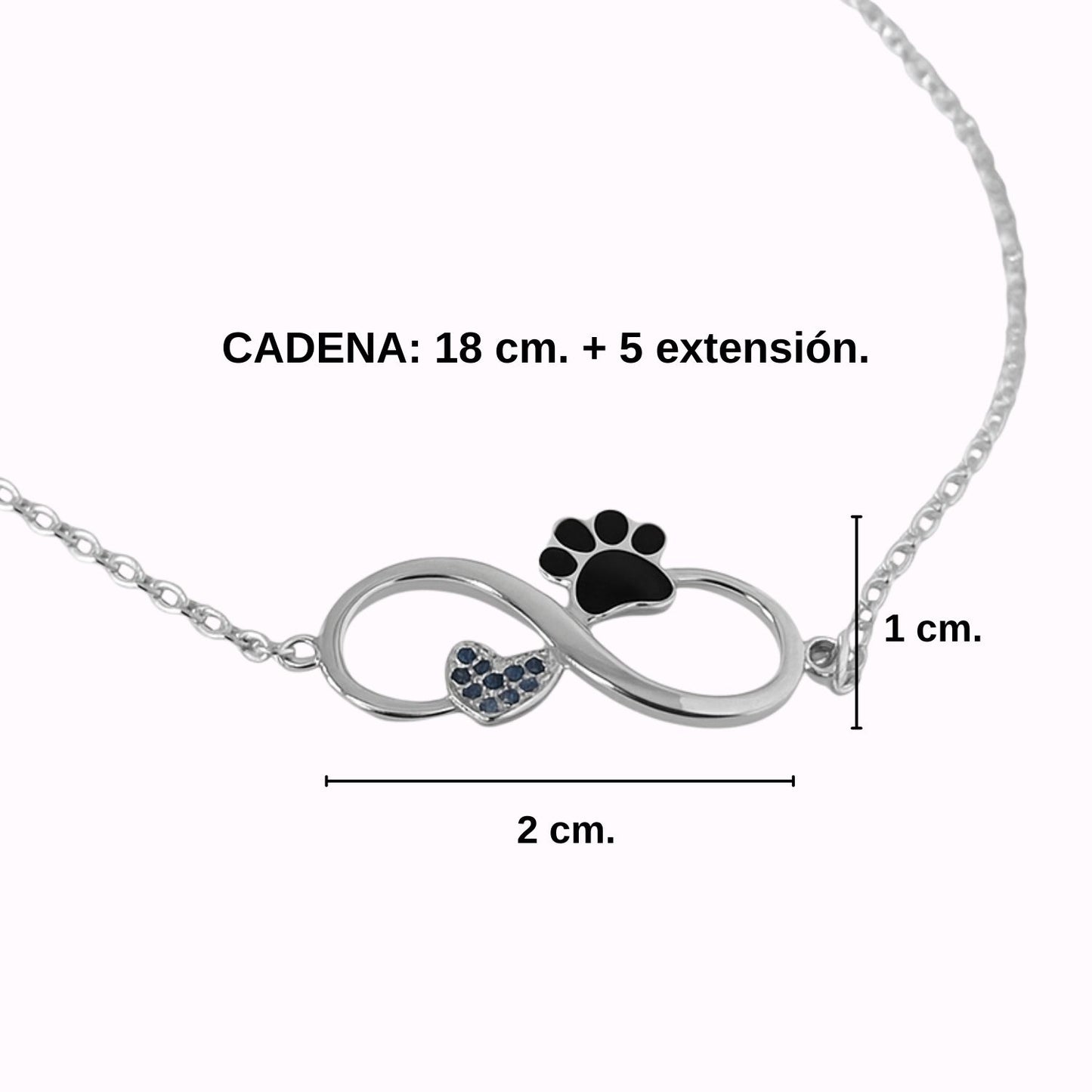 Infografía con las medidas de la pulsera con un símbolo del infinito con una huella y un corazón (2 x 1 cm), la cadena mide 18 cm. y 5 cm. de extensión, de Pandora