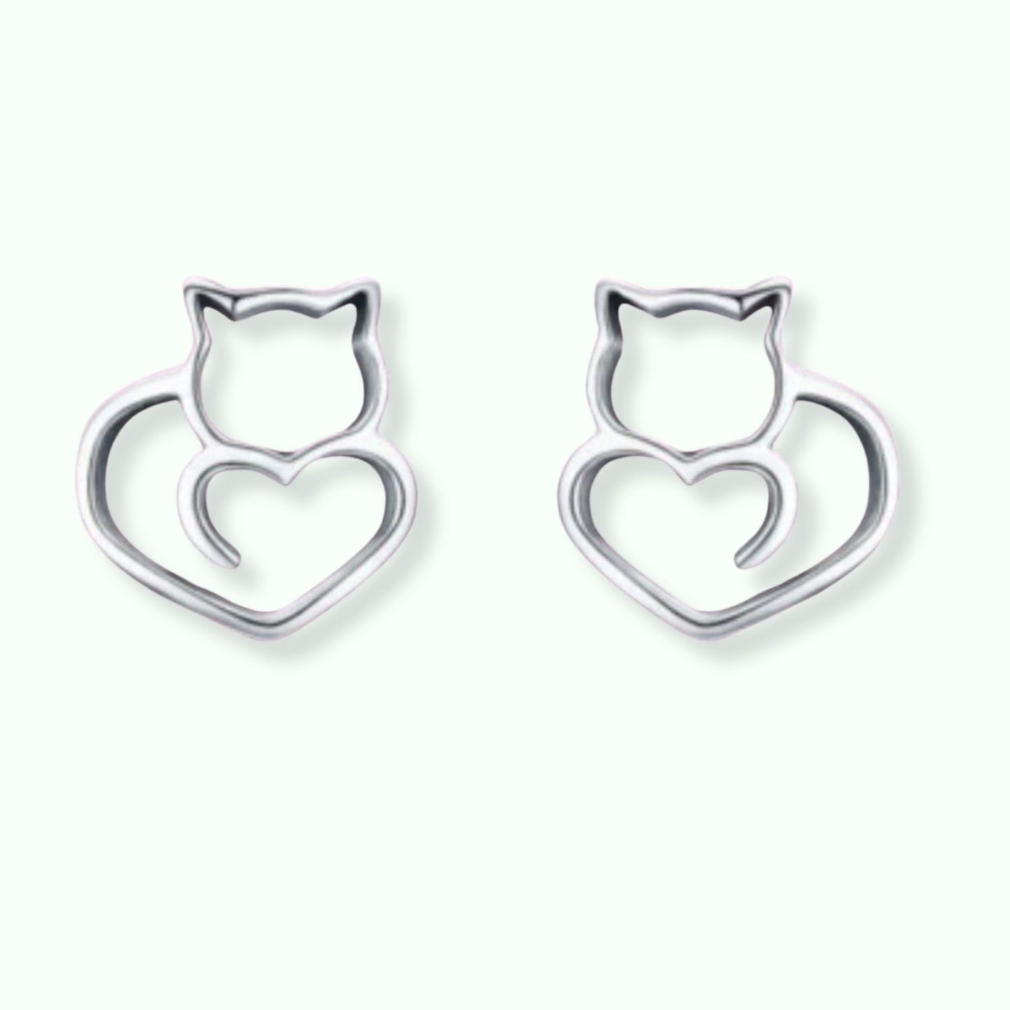 Pendientes de plata con un gato y un corazón, pequeños para niña o mujer de tous
