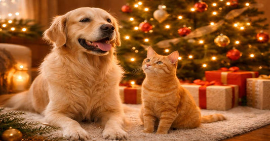 Un perro y un gato con un arbol de navidad de fondo con regalos