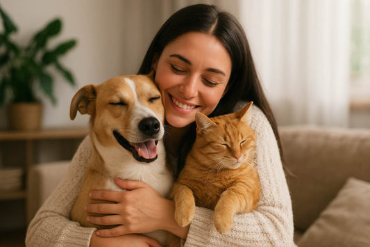 Mujer abrazando a un perro y un gato creando recuerdos