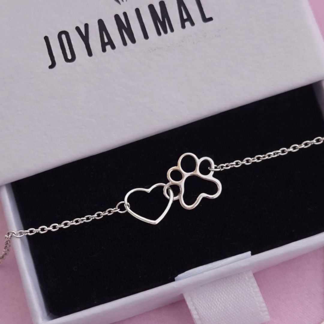 Colgante con forma de corazón y huella canina o felina entrelazados, dentro de una caja de regalo con lazo de singularu