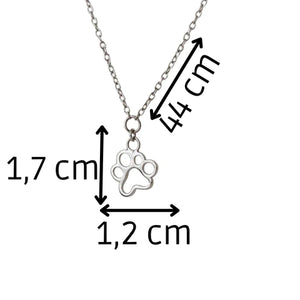 Infografía c on las medidas de la cadena (44 cm.) y el colgante de huella (1,7 x 1,2cm.) JOYANIMAL