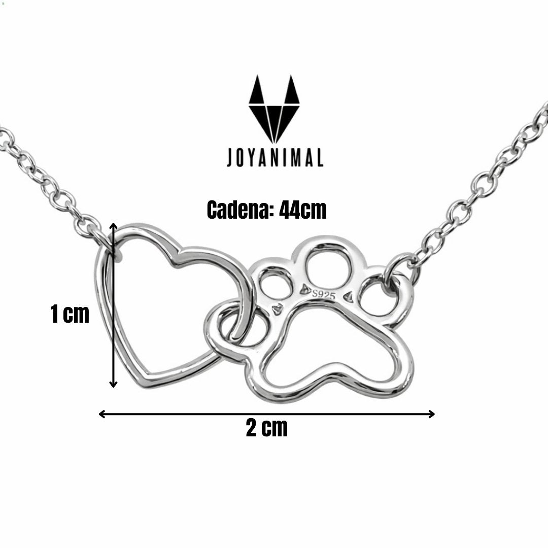 Infografía con las medidas de la joya: colgante de 2 x 1 cm. y cadena de 44 cm.collar plata huella corazon medidas, JOYANIMAL