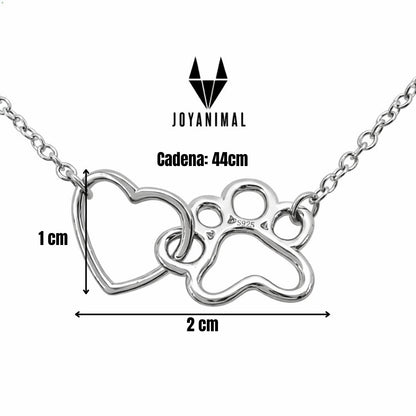 Infografía con las medidas de la joya: colgante de 2 x 1 cm. y cadena de 44 cm.collar plata huella corazon medidas, JOYANIMAL