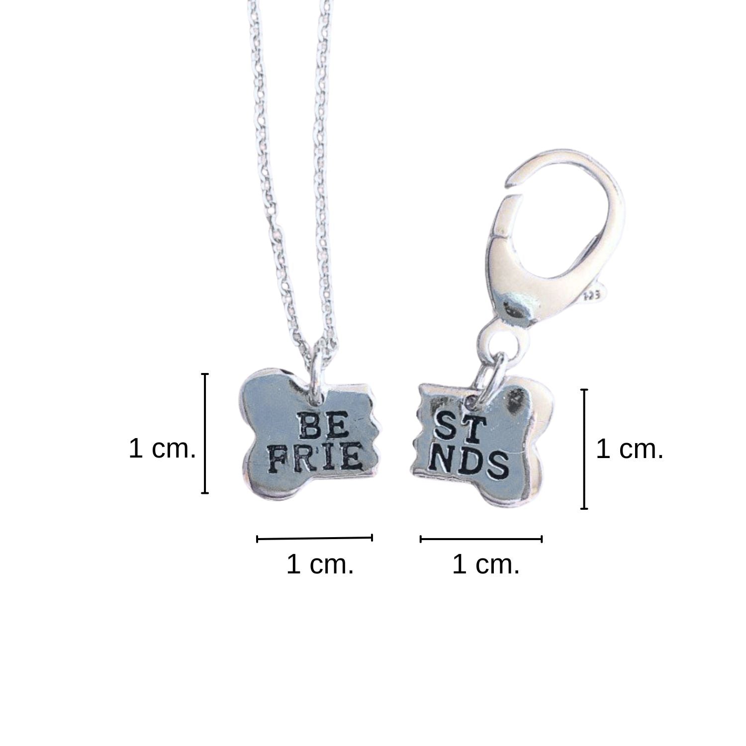 Infografía del collar para mujeres y perros con forma de medios huesos con las medidas: 1 x 1 cm. cada parte