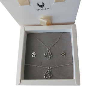 Kit de joyas: pulsera, collar y pendientes con huellas de plata 925 Presentados en una cajita con forma de bolsa con asas para regalar. By Pandora