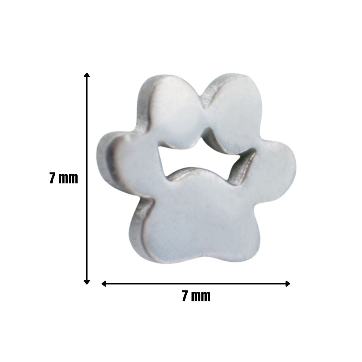 Infografía con las medidas de un pendiente de una huella de perro o gato, que mide 7mm de diámetro