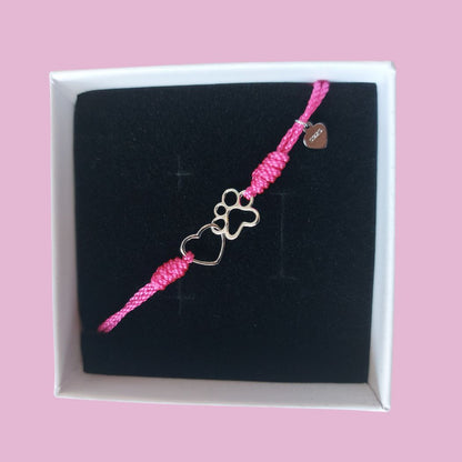 Tobillera y pulsera artesana para niñas, de hilo rosa con huella de perro o gato y corazón de plata de pandora