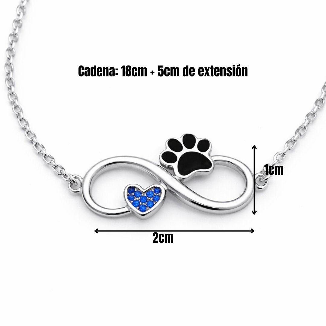 Infografía con las medidas de la pulsera con un símbolo del infinito con una huella y un corazón (2 x 1 cm), la cadena mide 18 cm. y 5 cm. de extensión, de Pandora