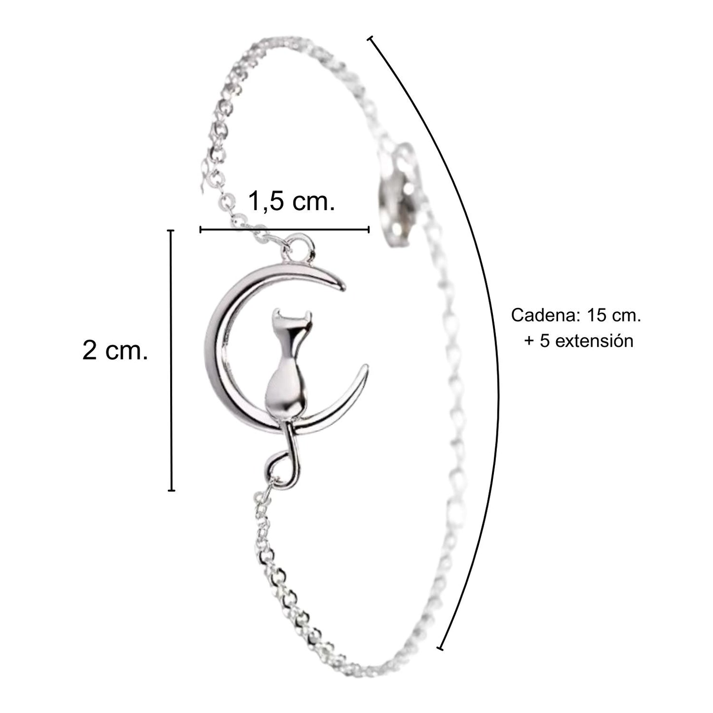 Infografía con las medidas de la pulsera con un gato en la luna: Alto del colgante 2 cm. ancho 1,5 y la cadena mide 15 cm y otros 5 de extensión