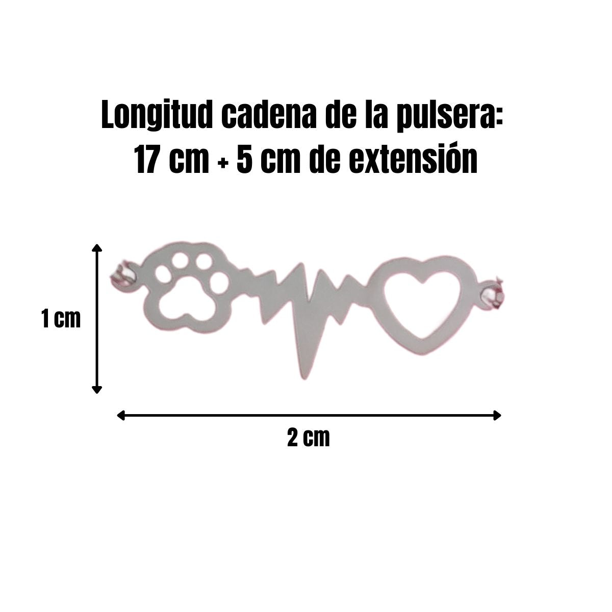 Infografía con las medidas de una pulsera con forma de huella, corazon y latidos de perro o gato, que son: el charm 2x1cm y la cadena 17cm más 5 de extensión