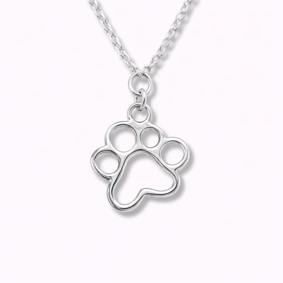 Collar de plata con cadena fina y un pequeño colgante con una huella de PANDORA