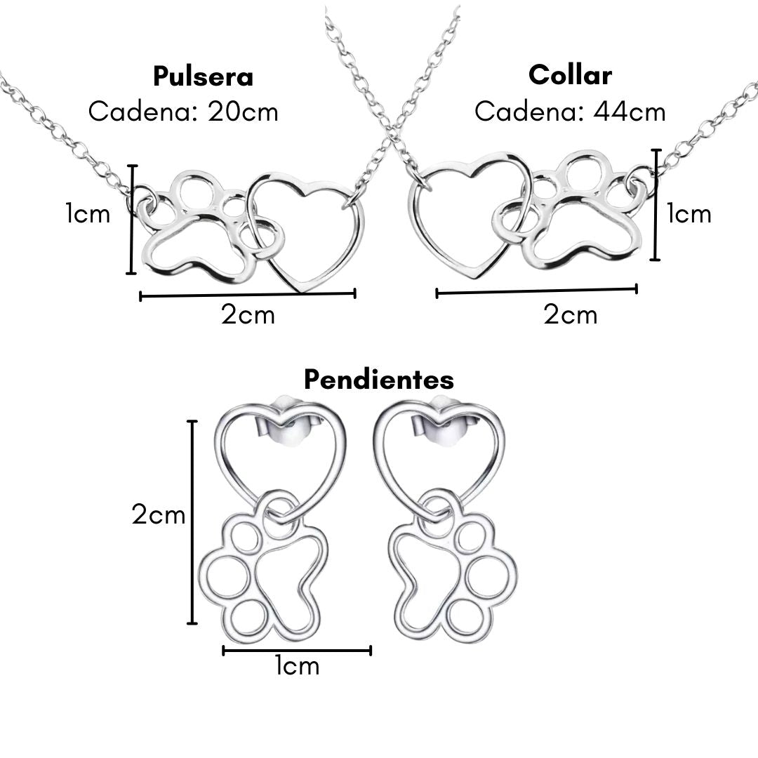 Infografía con medidas del pack de collar (2 x 1 cm. y cadena de 44) , pulsera 2 x 1 cm. y cadena de 20) y pendientes 2 x 1 cm.) con huella y corazón canino o felino.