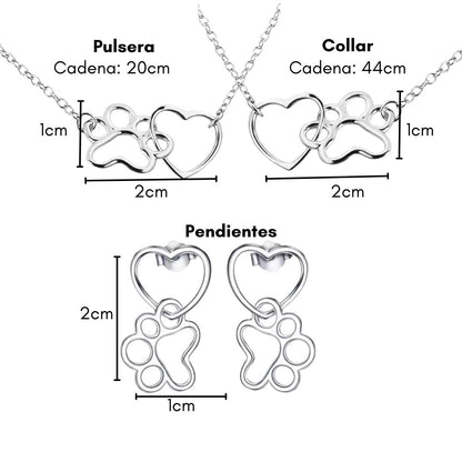Infografía con medidas del pack de collar (2 x 1 cm. y cadena de 44) , pulsera 2 x 1 cm. y cadena de 20) y pendientes 2 x 1 cm.) con huella y corazón canino o felino.
