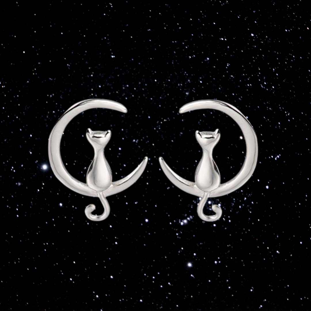 Pendientes con gatos en una luna creciente de plata sobre un fondo de un cielo estrellado