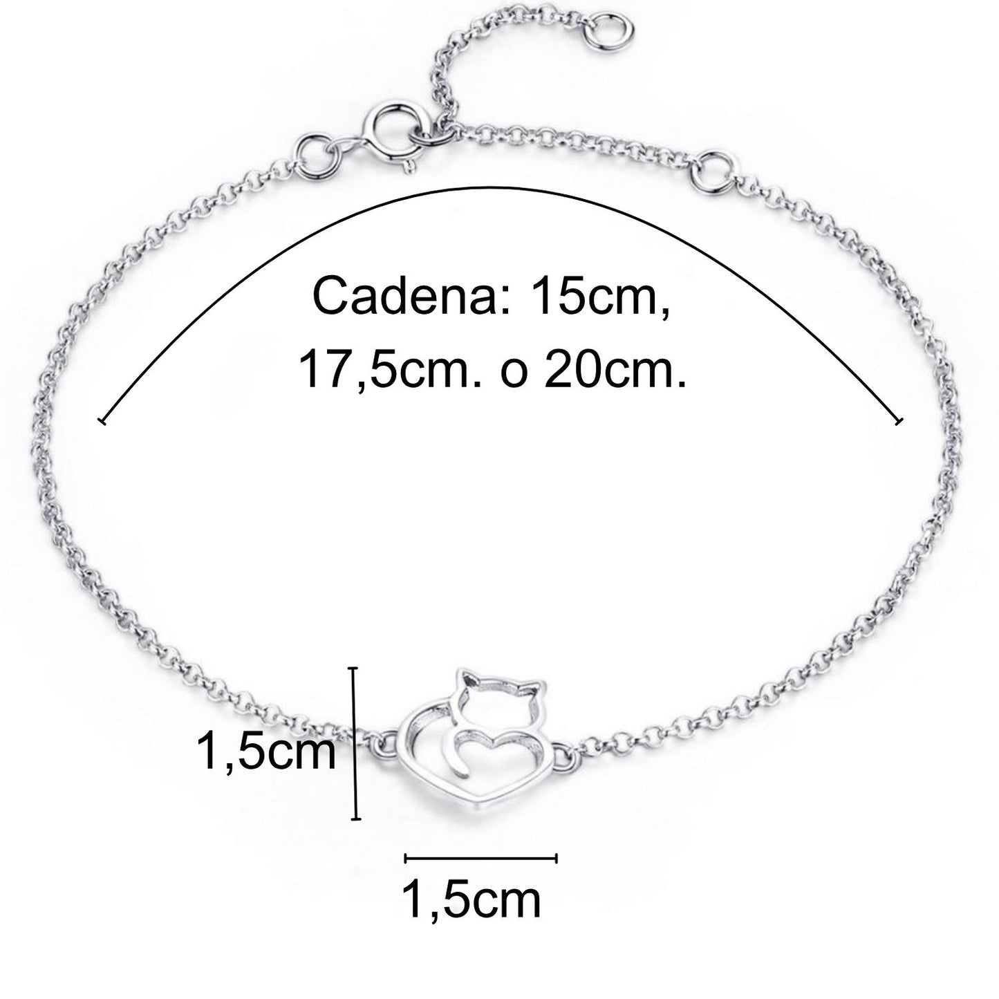 Infografía con las medidas de la pulsera con colgante de gato y corazón de 1,5 x 1,5 cm. y cadena con posiciones a 15, 17.5 o 20 cm. 