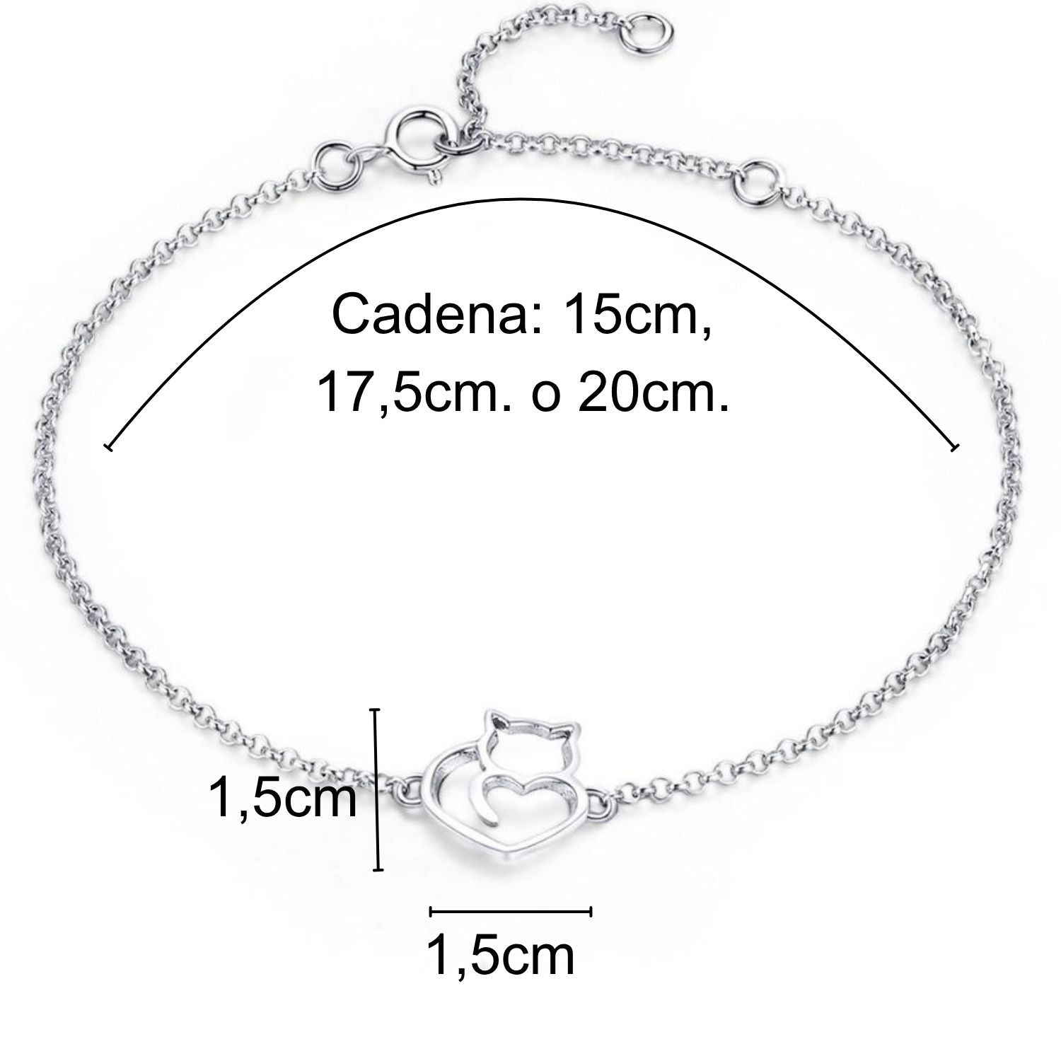 Infografía con las medidas de la pulsera con colgante de gato y corazón de 1,5 x 1,5 cm. y cadena con posiciones a 15, 17.5 o 20 cm. 