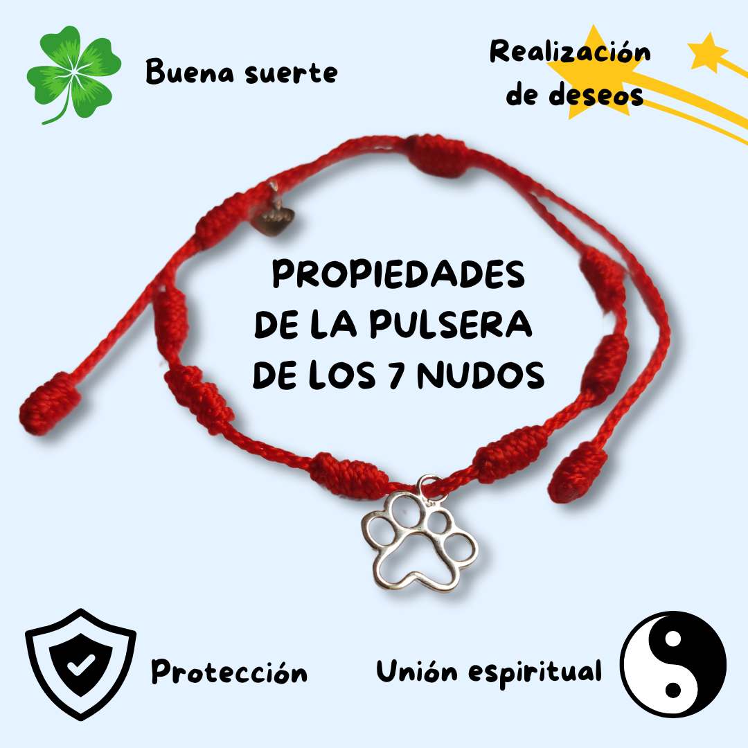 Infografía con las propiedades de la pulsera roja de los 7 nudos: buena suerte, realización de deseos protección y unión espiritual