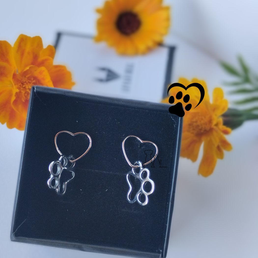 Pendientes huella y corazón de mascota entrelazados, en bonita caja de Pandora con flores en el fondo de la foto.