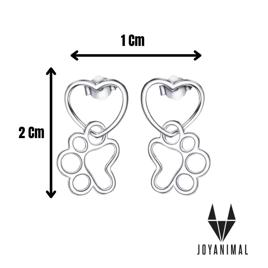 Infografía con los pendientes de huella y corazón y sus medidas con logo de joyanimal en la esquina