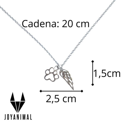 Infografía de la pulsera con sus medidas de la cadena (20cm.) y los colgantes de huella y ala (2,5 x 1,5 cm)