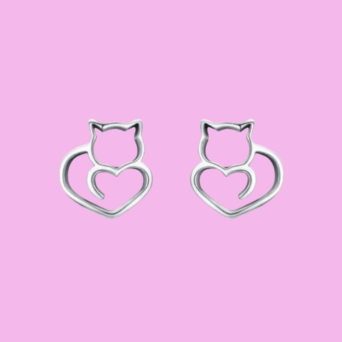 Pendientes de plata con un gato y un corazón, pequeños para niña o mujer de tous